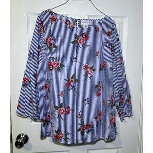 Liz Claiborne Women’s Striped Floral Flare Sleeve Blouse Size Medium Tall NWOT